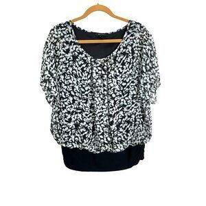 AB Studio Women's L Layered Chiffon Blouse with Floral Print Black & White